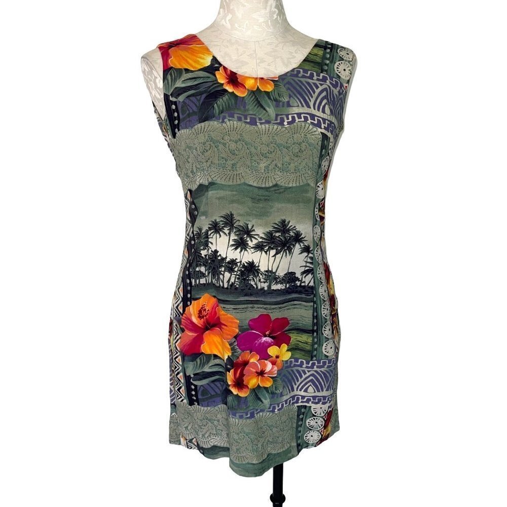 Jams World Dress Womens Size 7 Vintage Hawaiian Floral Rayon Green Made In USA